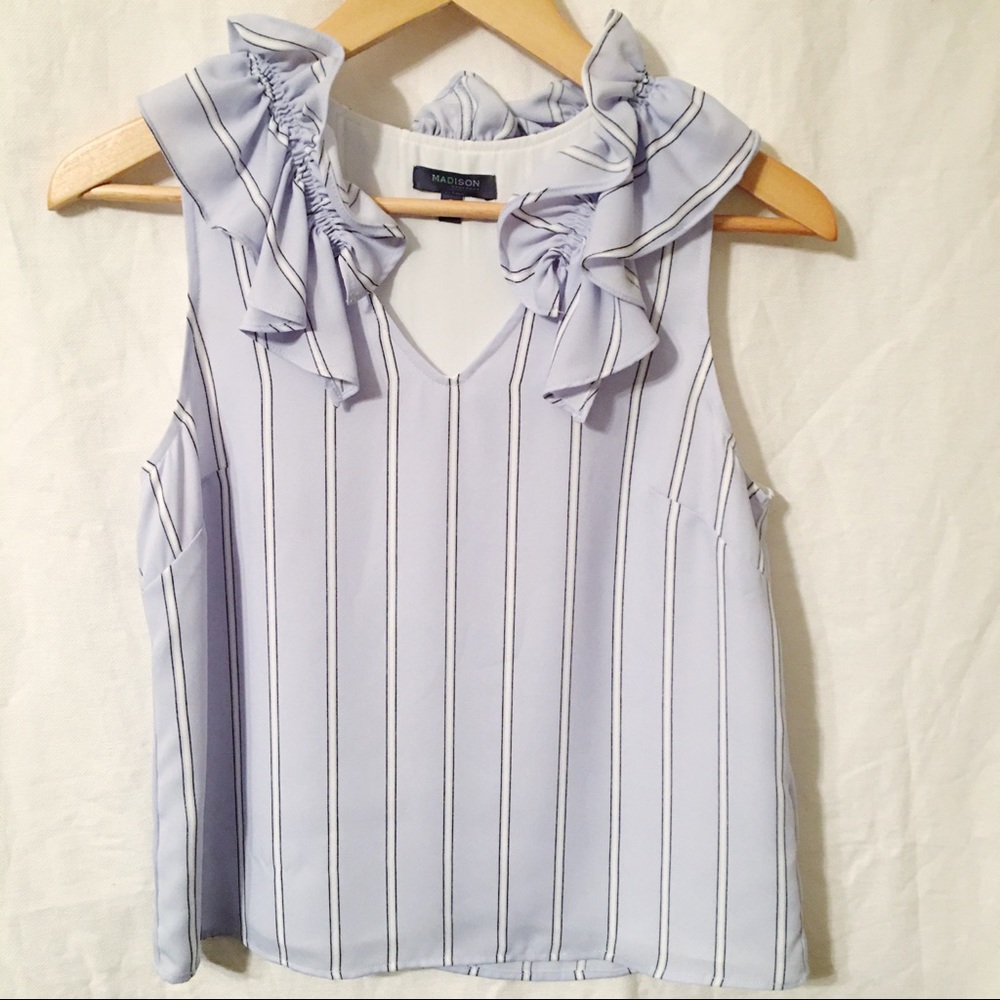 Madison Blue Top with Pin Stripes & Ruffles Size S